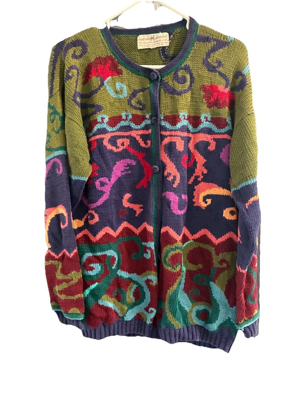 RARE Peruvian Connection Cardigan Sweater Sz L Floral Colorful 100% Pima Cotton
